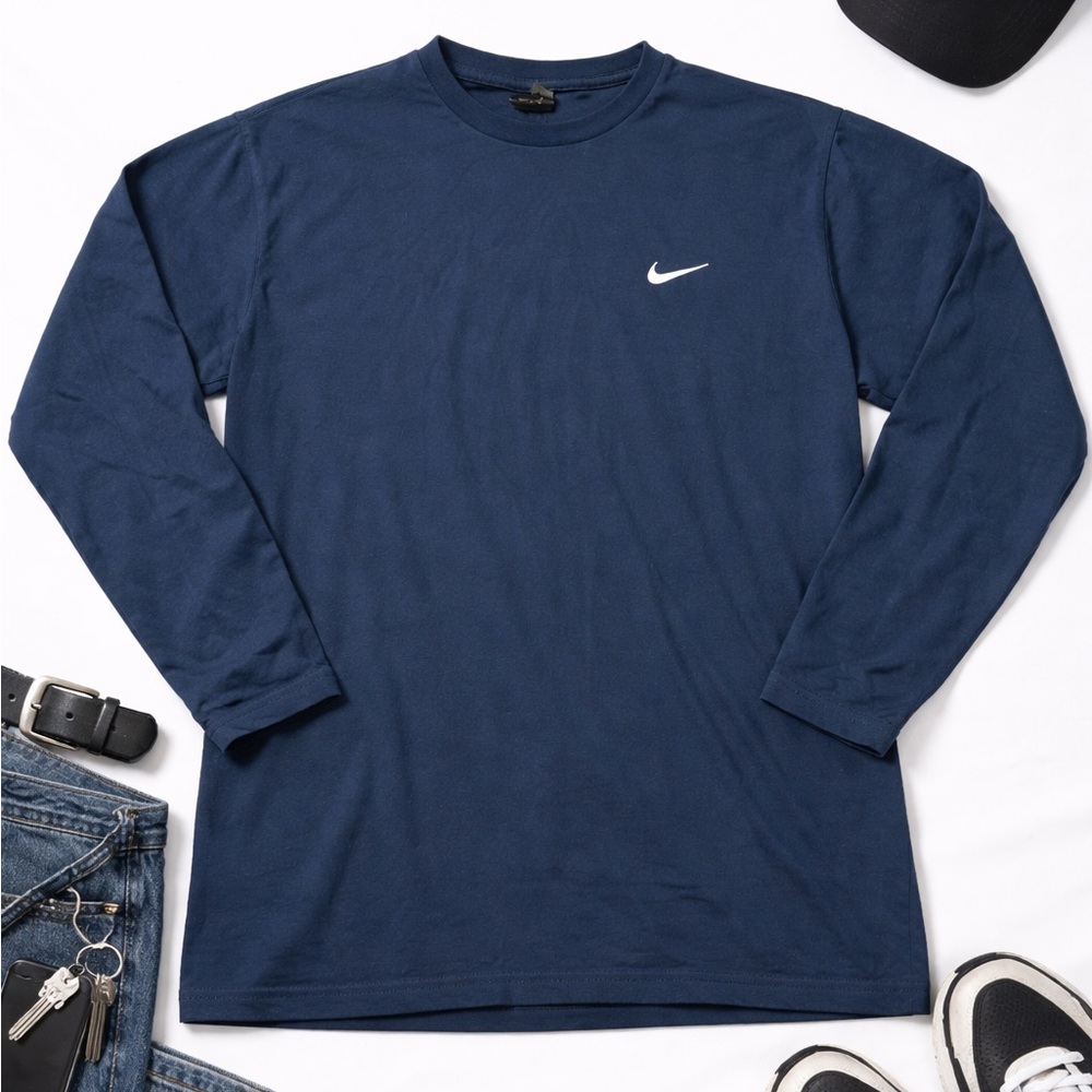 Vintage 90s Nike Long Sleeve Tee | Navy Blue | Embroidered Swoosh | M